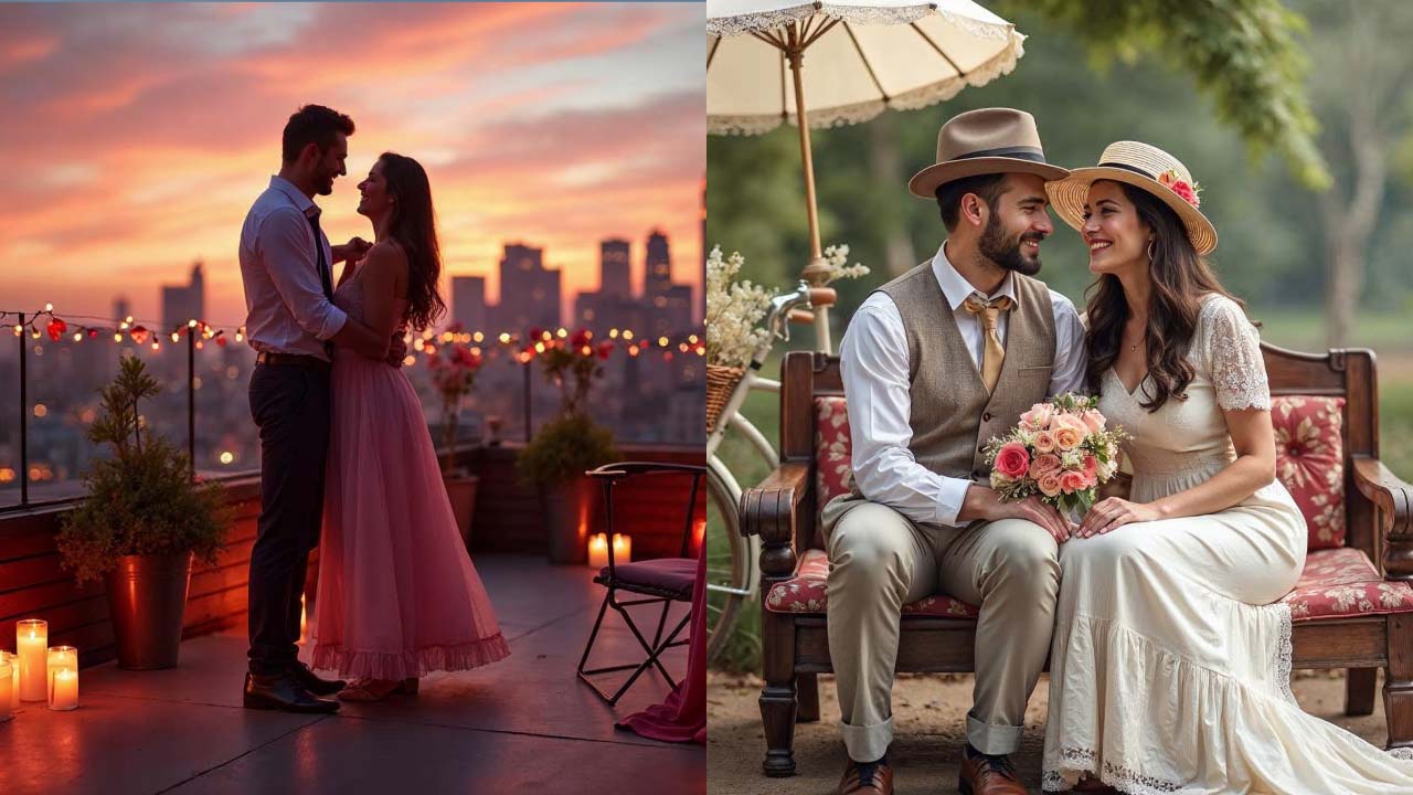 A collage of two couple photos. Left, a couple dancing on the rooftop, and right, a couple in a vintage outfit and setup.