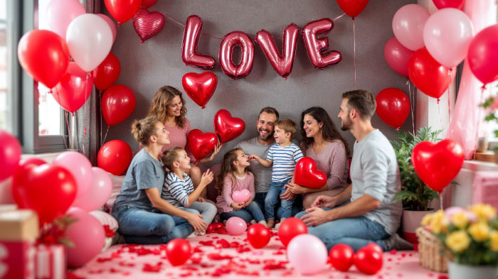 A photo of a family interacting with each other in a room with red, pink, and white balloons and a "LOVE" balloon banner.