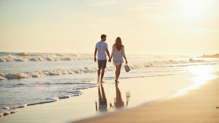 A photo of a couple taking barefoot strolls along the beach shoreline.
