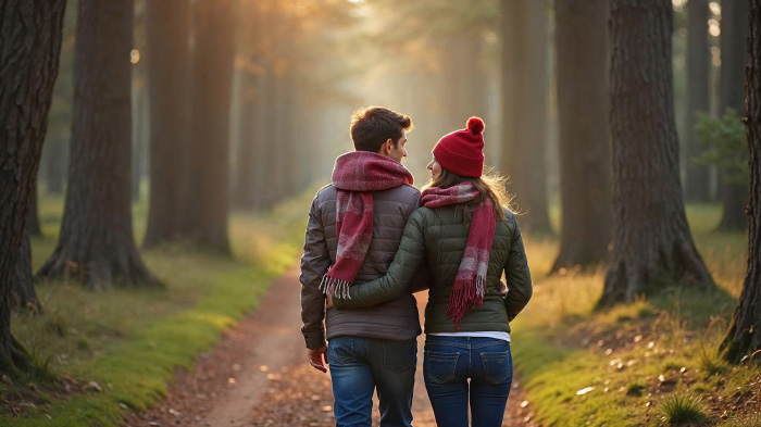 A photo of a couple wearing matching scarves sharing a quiet moment at a forest trail with tall trees and natural greenery.