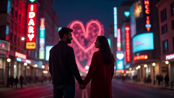 A photo of a couple holding hands in front of a vibrant cityscape, surrounded by glowing neon signs.