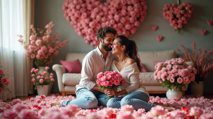 A photo of a couple sharing a laugh in a room with an abundance of flowers on the floor, in vases, and on the wall.