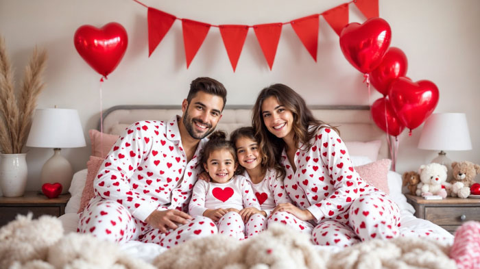 A photo of a family sitting on the bed in matching Valentine’s-themed pajamas in a cozy bedroom with props. 