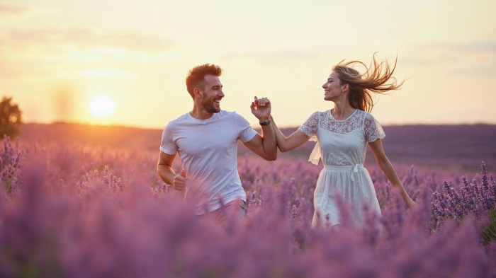A photo of a couple running playfully through a flower field of lavenders
