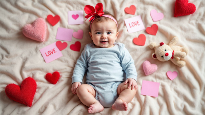A photo of a baby on a soft blanket with love notes and Valentine’s cards scattered all over. 