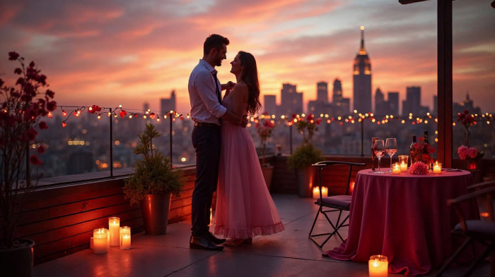 A photo of a couple dancing on a rooftop with a view of the city skyline and decorated with fairy lights.