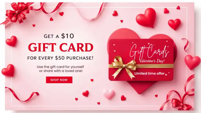 A Valentine’s Day gift card ad featuring floral ribbon designs, a gift card with a ribbon, and colorful heart illustrations.