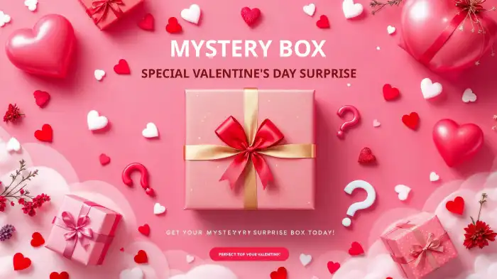 A Valentine’s Day surprise box promo featuring cute gift boxes and hearts and question mark illustrations.