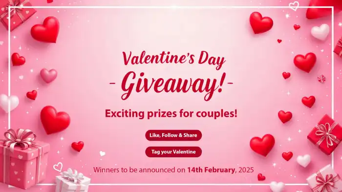 A promo for Valentine’s Day giveaway for couples with hearts and gifts design.