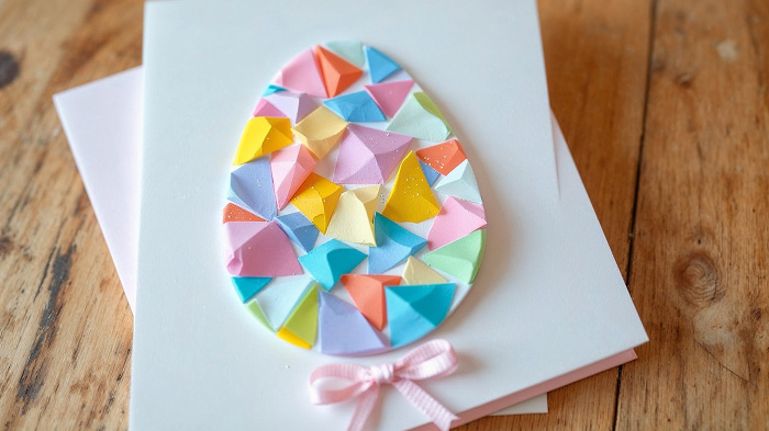 Tissue paper mosaic egg card with vibrant stained-glass effects