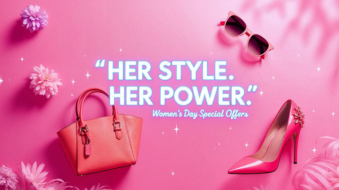 Soft pink-to-purple gradient background with floating clothing and accessories.