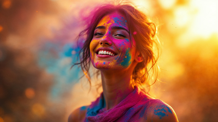 A woman dressed out in Holi hues, snapped at sunset for a surreal image.