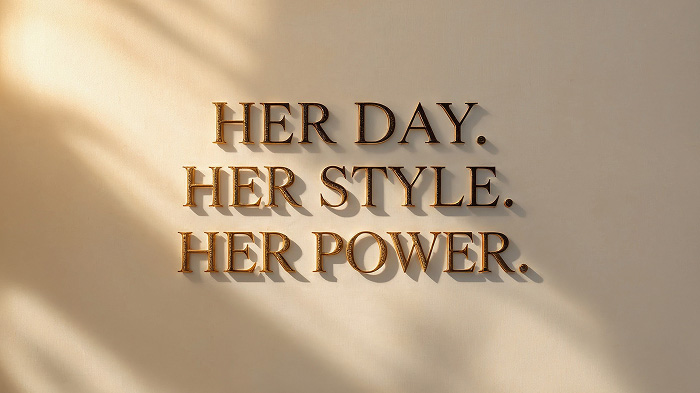 Minimalist beige background with bold typography reading “HER DAY. HER STYLE. HER POWER.