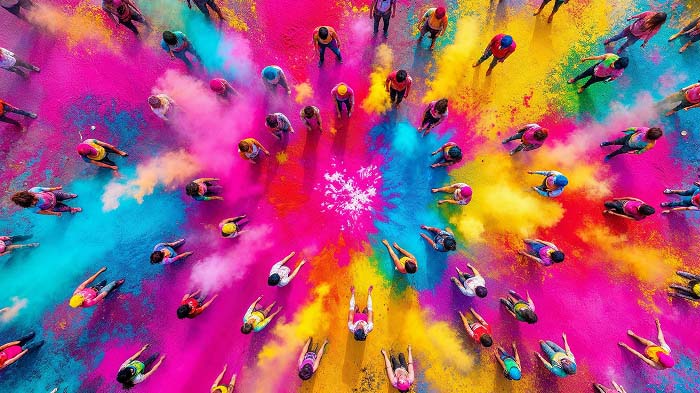 People are arranged in a circle in this colorful sky photograph taken from a drone.