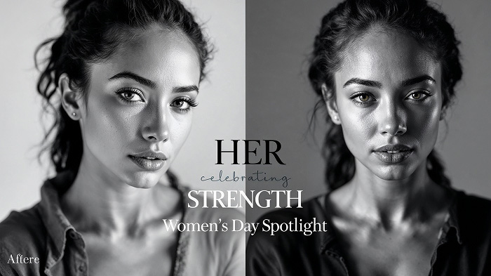 Black and white portrait of a strong women with a before-and-after transformation story.