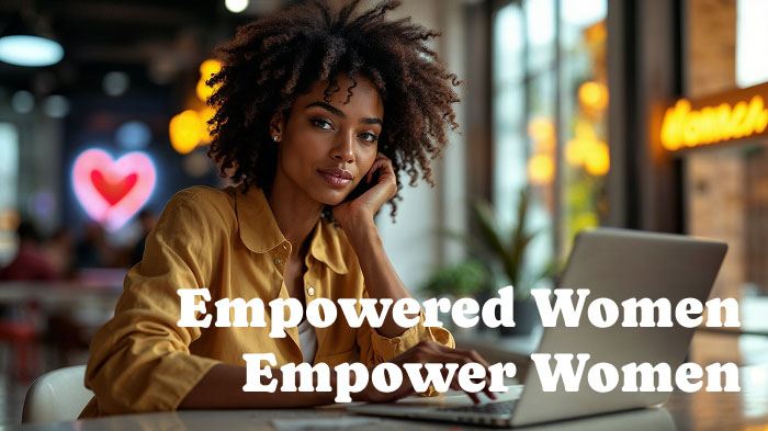  Confident woman using a laptop with an empowering quote overlay.
