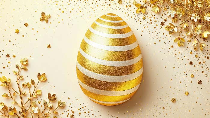 Glittery golden Easter egg card with elegant decorative details.