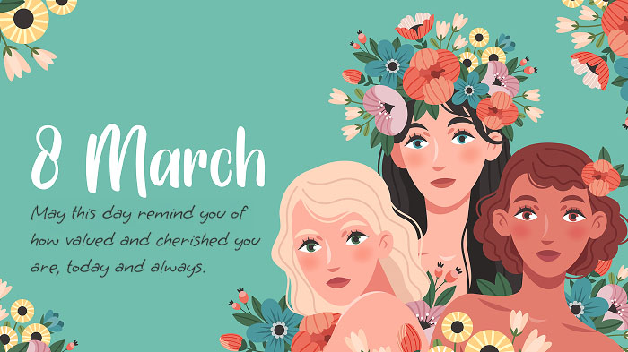 An illustration of three women surrounded by flowers, along with an 8 March, Women’s Day quote.