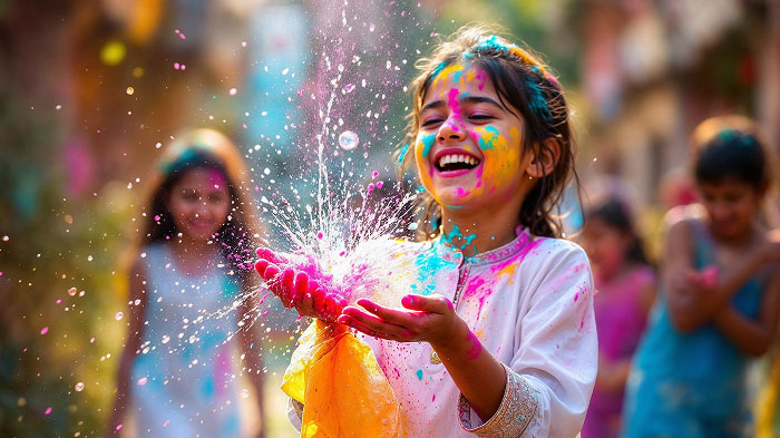 A girl playing with vibrant Holi water balloons while filled with water and giggling
