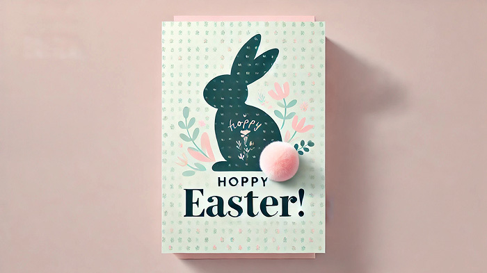 Bunny silhouette card with a fluffy pom-pom tail and cute details.