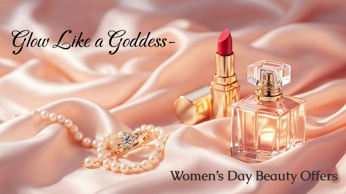 Close-up of red lipstick and a perfume on silky satin fabric with rose gold and pearl accents.