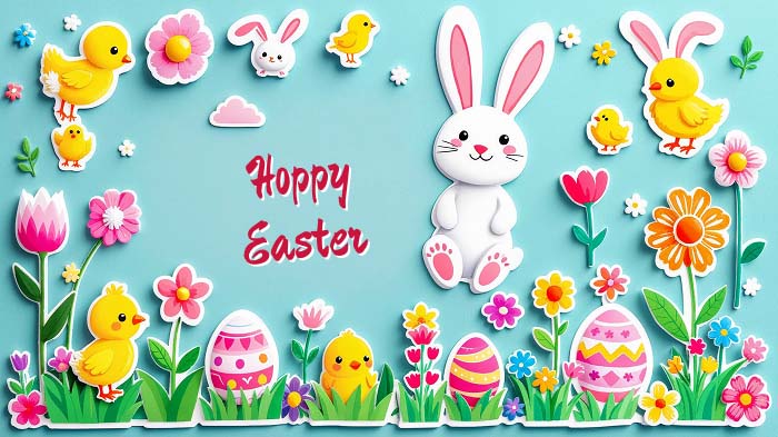 Sticker collage Easter card decorated with colorful bunny and egg stickers.