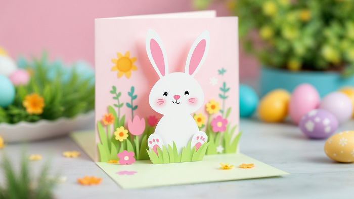 Handmade pop-up bunny Easter card with colorful decorations