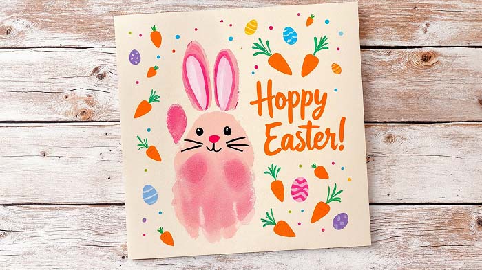 Handprint bunny Easter card with painted details and cute ears