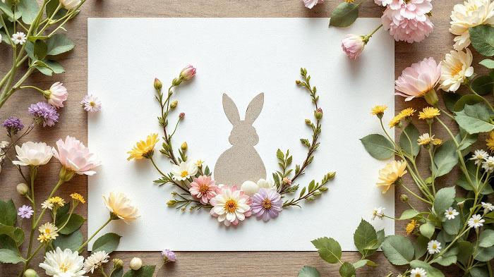 Pressed flower Easter card with natural floral arrangements.