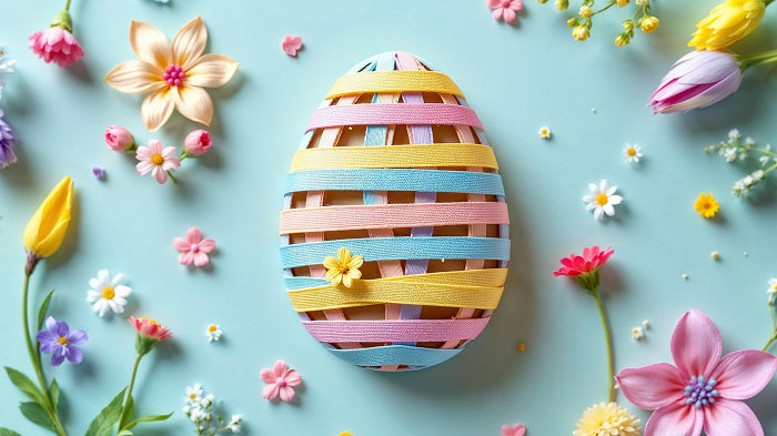 Ribbon-weaved Easter egg card with a textured and colorful design.