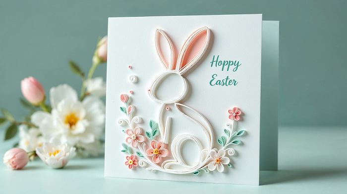 Quilled paper Easter bunny card with delicate rolled paper details