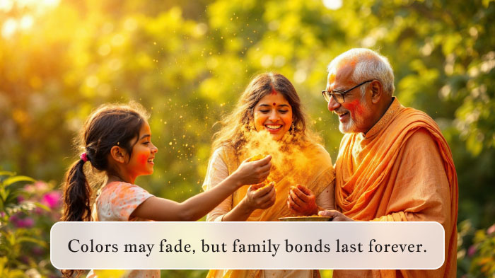 Family celebrating Holi as kids apply colors to grandparents with smiles and joy.