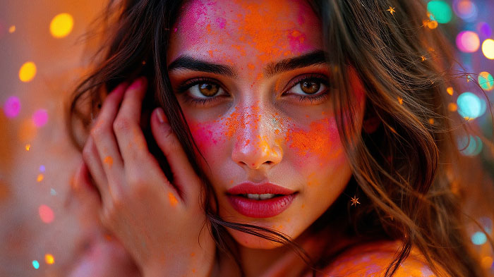 Soft indoor lighting and a close-up of a girl's face covered with colorful powder.