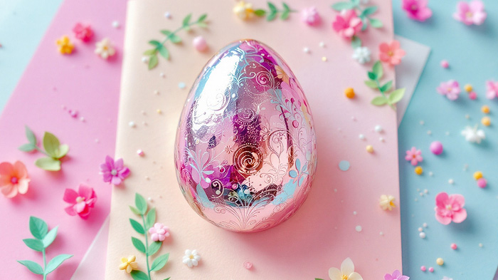 Foil-wrapped Easter egg card with embossed patterns and shine.