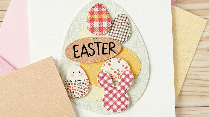 Fabric patch Easter card with cozy, colorful textile cutouts.