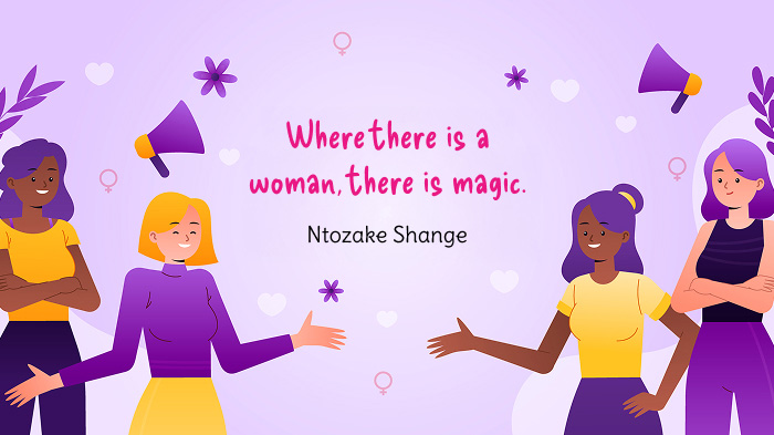 An illustration of four women interacting with each other, along with a quote.