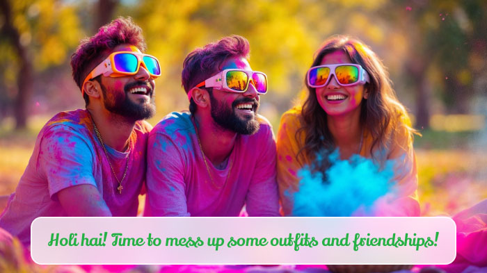 Friends celebrating Holi, wearing cartoonish goggles, laughing, and covered in bright colors.