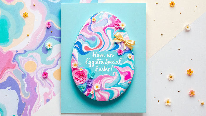 Marbled Easter egg card created using shaving cream and food colors.