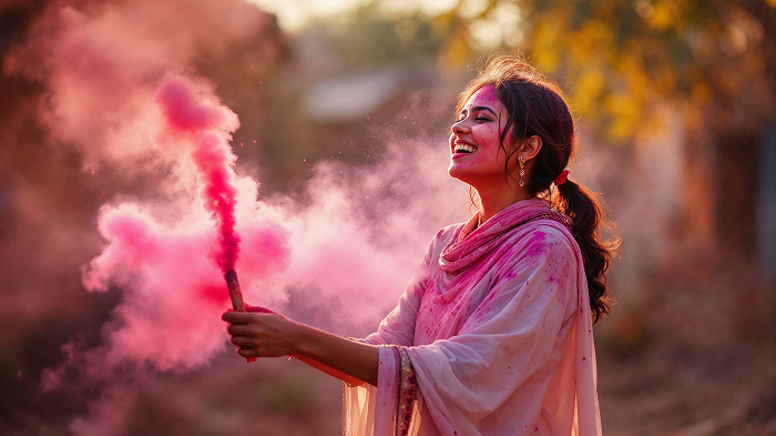 A woman dressed traditionally is holding a colorful smoke bomb for a photo shoot with a Holi theme.