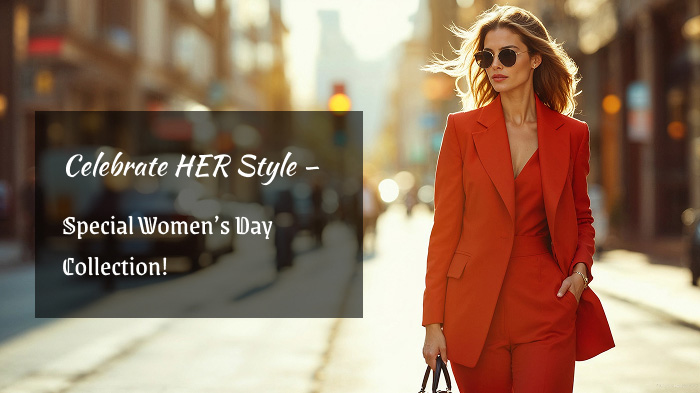 Fashionable woman in a trendy red outfit posing for a street-style Women’s Day lookbook.