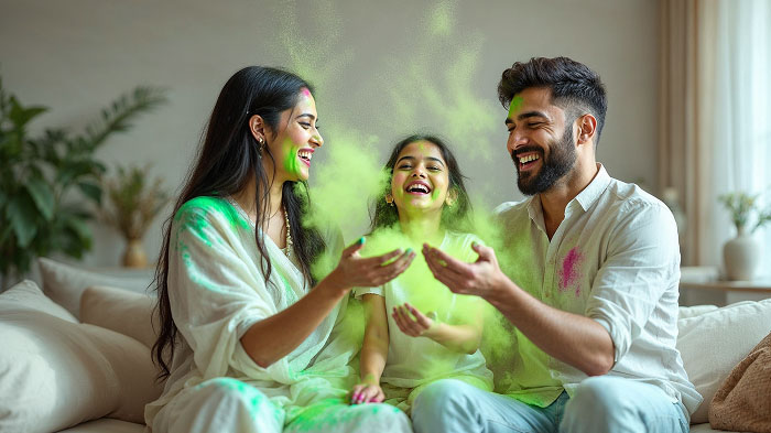 A family enjoying festive moments while playing Holi with natural colors indoors.