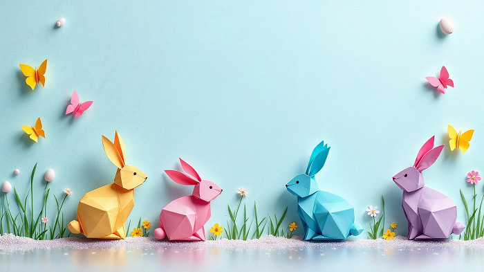 Origami bunny Easter card with folded paper rabbits and cute doodles.