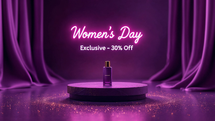 Luxury purple-themed sale banner with neon typography and gold accents for a premium feel.