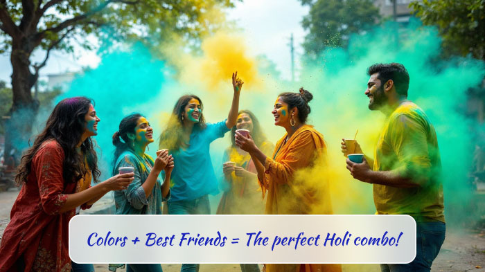 Friends celebrating Holi, enjoying sweets, and sharing laughter with vibrant colors.