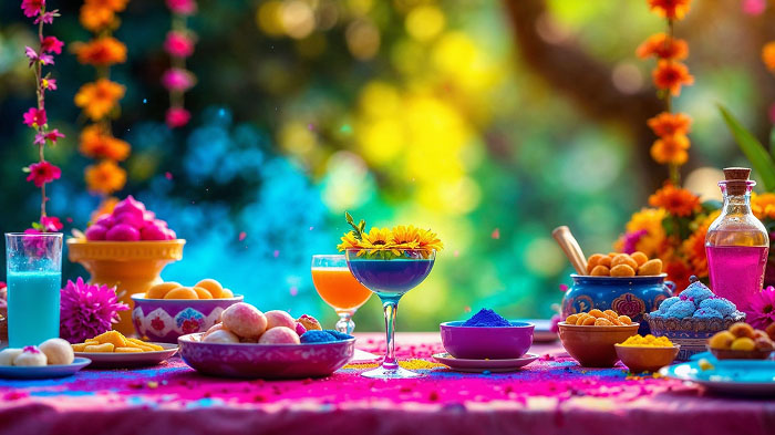 A colorful table filled with traditional Holi treats like thandai and gujiyas.