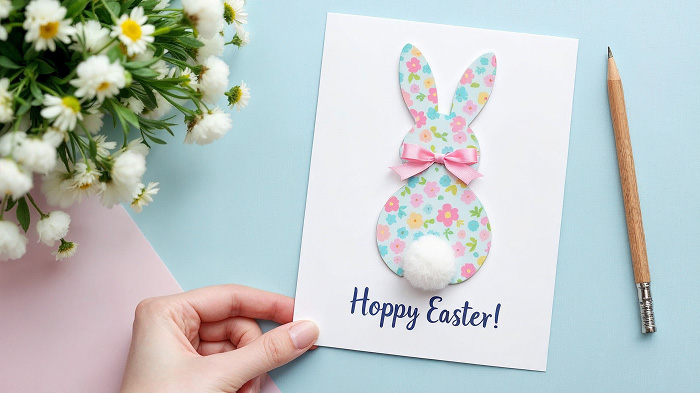 Bunny silhouette cutout on a pastel card with a cotton tail.