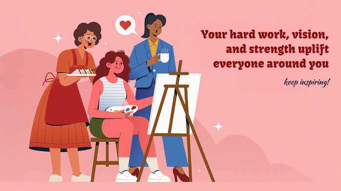 An illustration of three women, painting, drinking coffee, and holding sandwiches, along with a quote. 