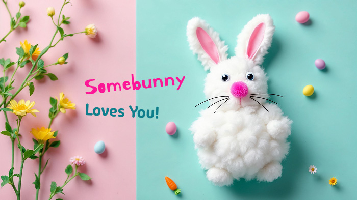 3D cotton ball bunny card with googly eyes and a pink nose.
