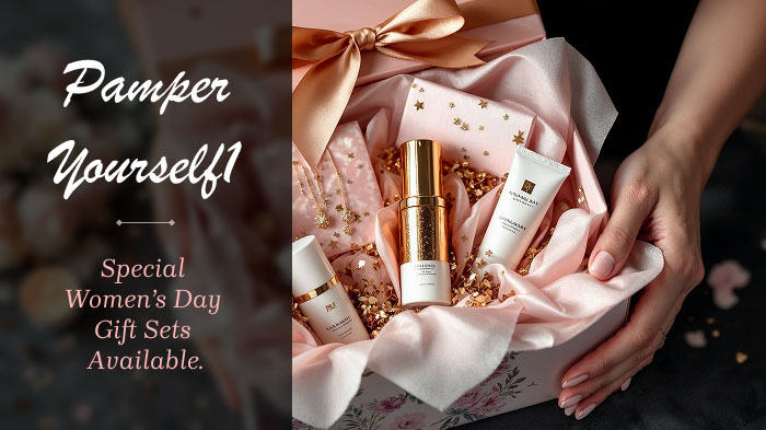 Hands unwrapping an elegant Women’s Day gift box with silk-wrapped products.
