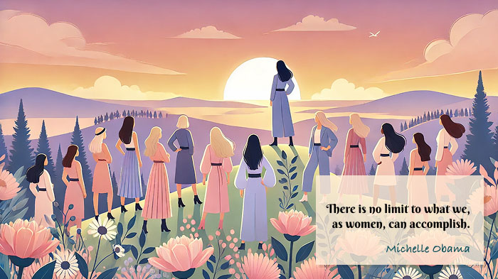 An illustration of multiple women on top of a hill surrounded by flowers facing sunset, along with a quote
